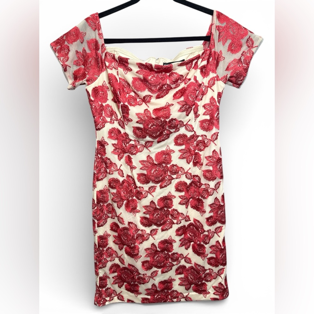 Karl Lagerfeld Paris Red Rose Embroidered Dress Womenās 6 Cocktail Midi Feminine